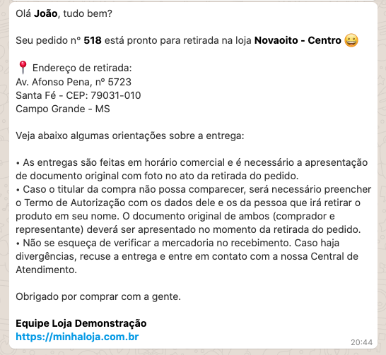 Exemplo de notificação de pedido pronto para retirada em loja