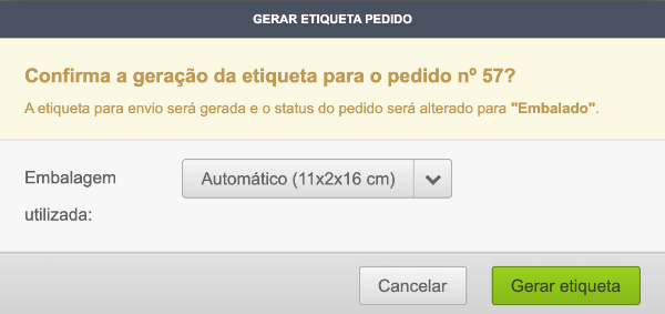 Confirmando a geração de etiqueta