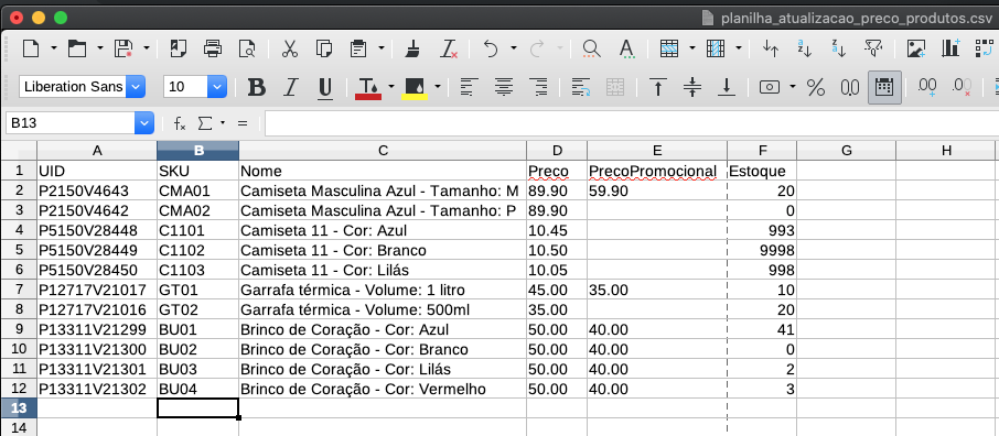 Modelo planilha de preços